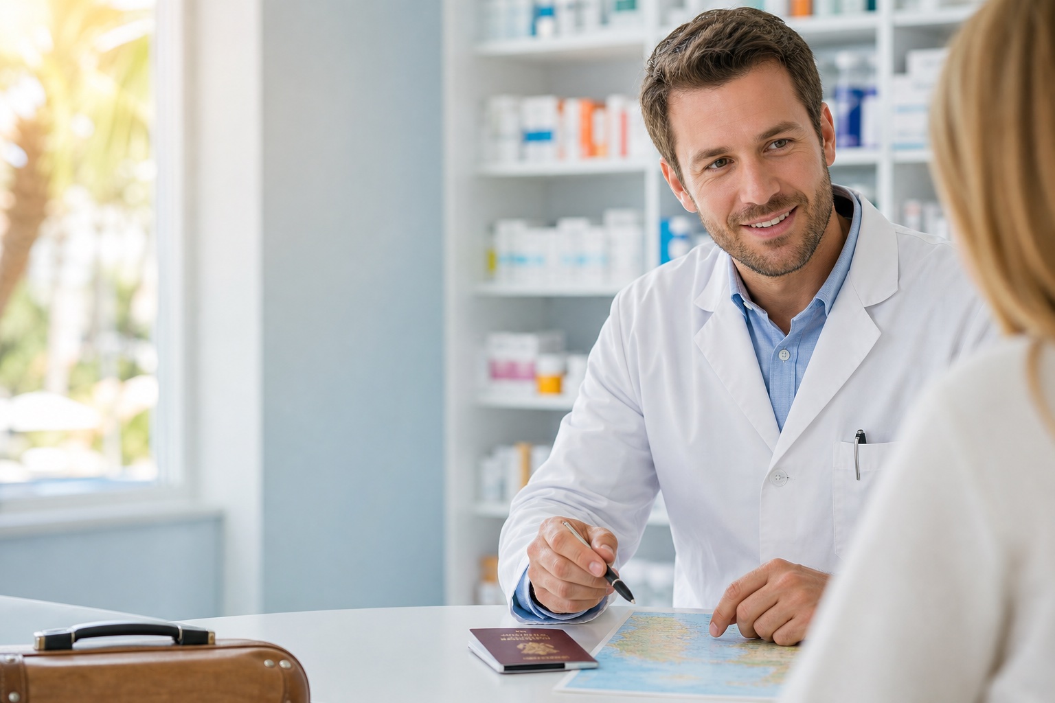 Pharmacist discussing yellow fever vaccination with a traveller